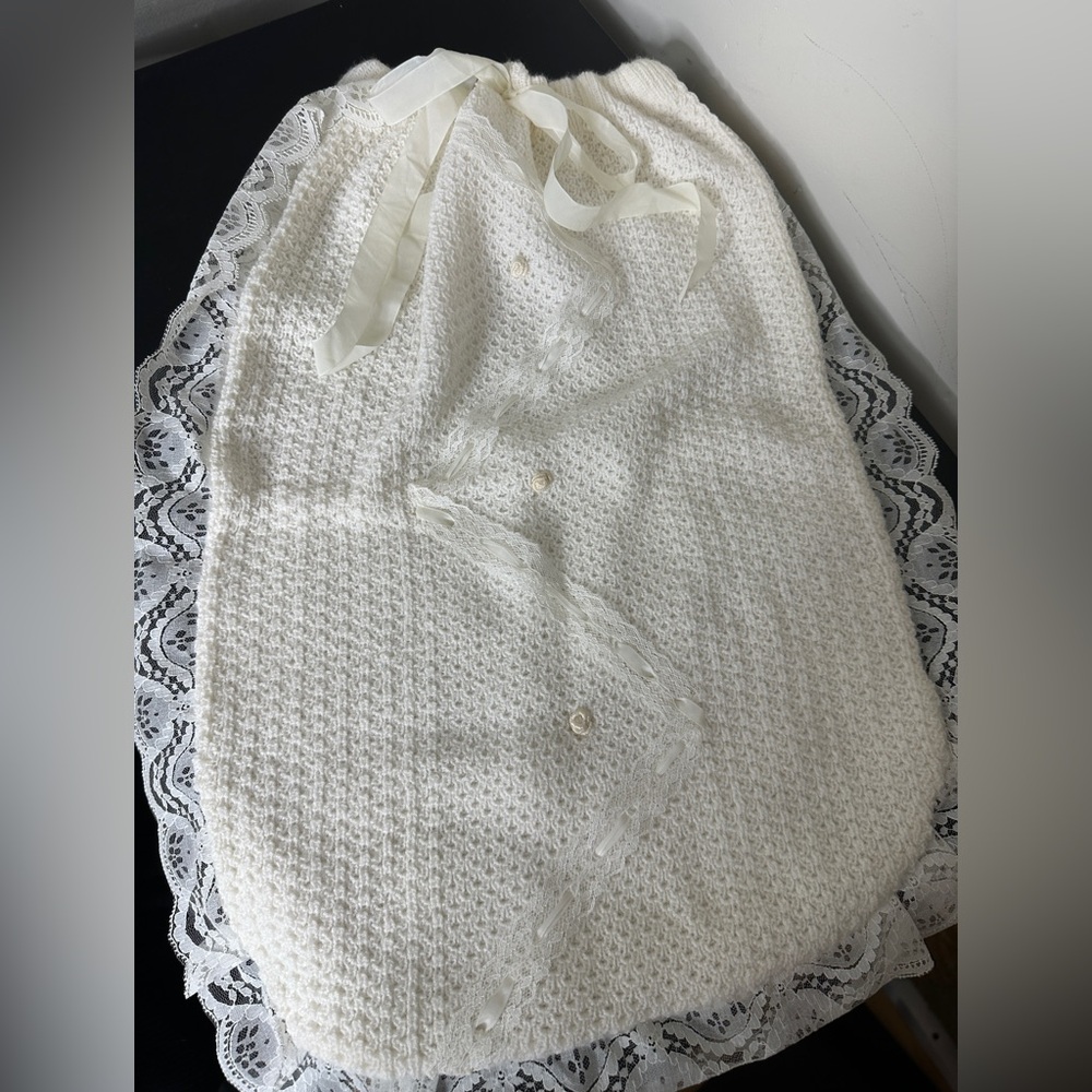 Baby Soft White Lacey Crochet Christening Bunting Ribbon Tie